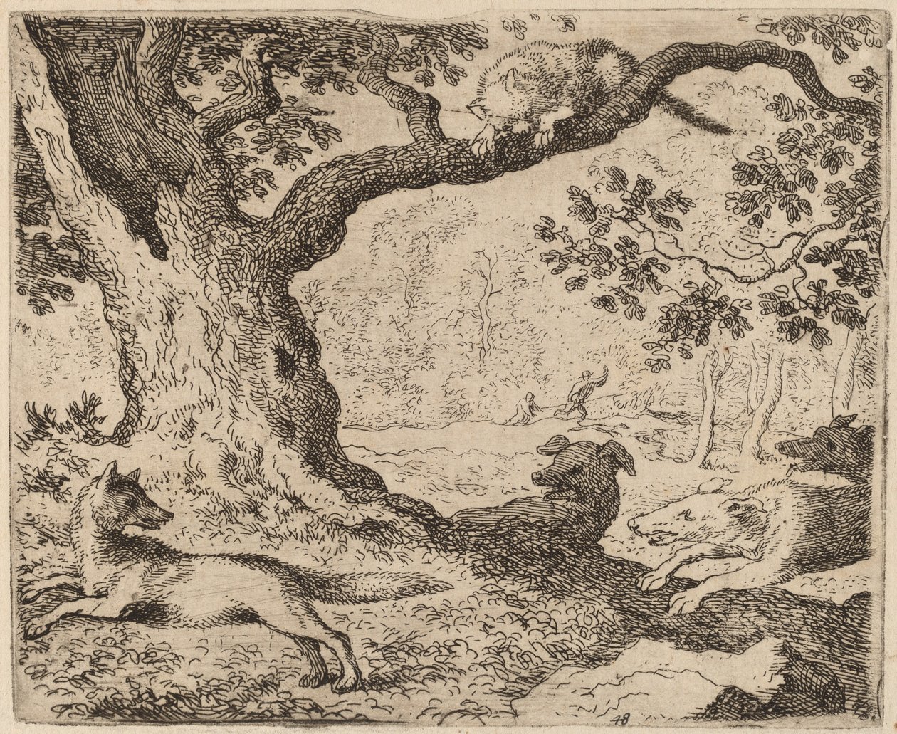 Reinaards vader en de kat achtervolgd door honden, waarschijnlijk ca. 1645-1656 door Allart van Everdingen