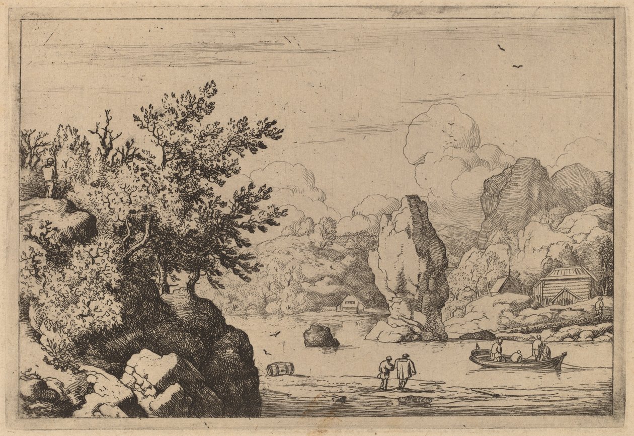 Rots in het midden van een rivier, waarschijnlijk ca. 1645-1656 door Allart van Everdingen