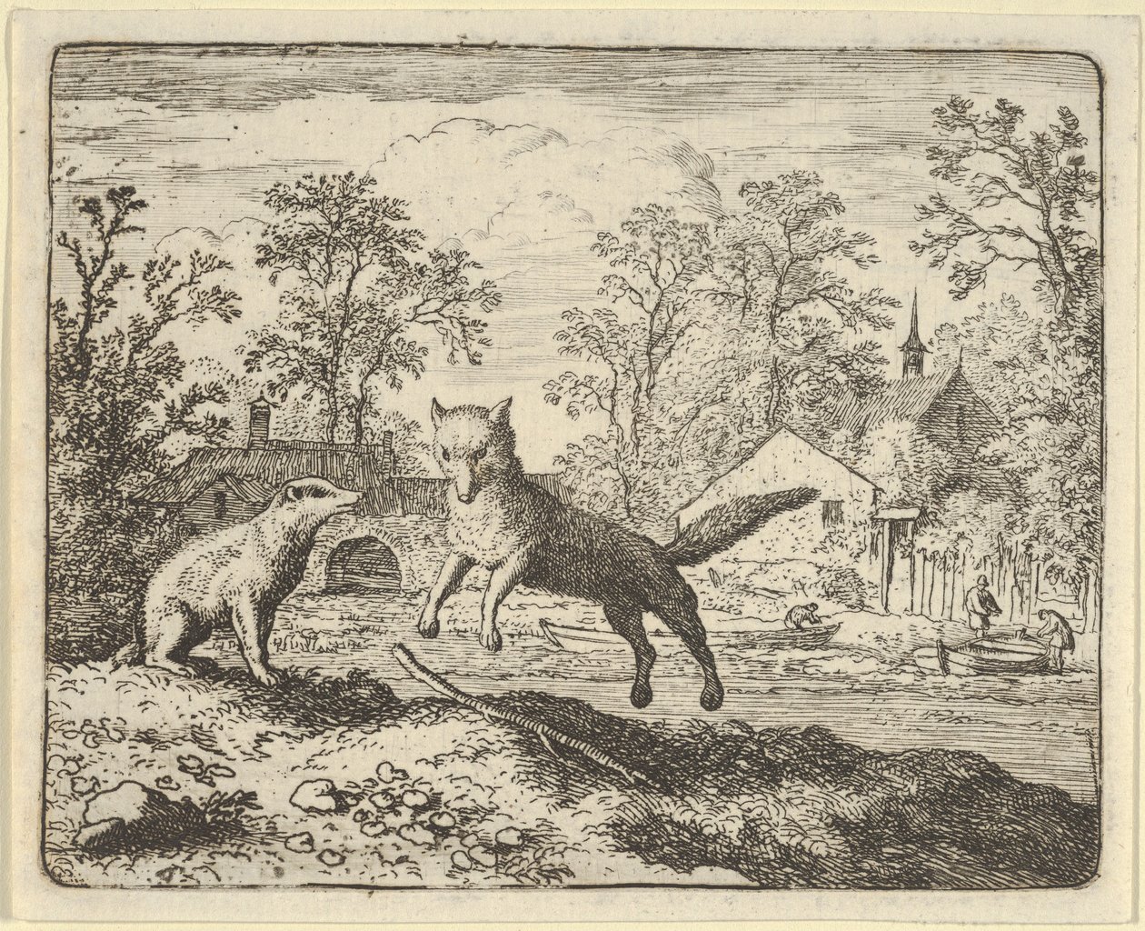 De Das Geeft als Straf om Drie Keer Over een Stok op de Grond te Springen, 1650-75 door Allart van Everdingen