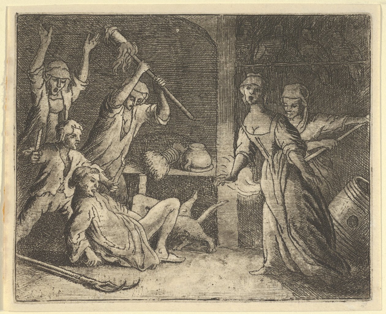De Kat, Gevangen in een Strik, wordt Mishandeld door de Mensen uit het Huis, 1650-75 door Allart van Everdingen