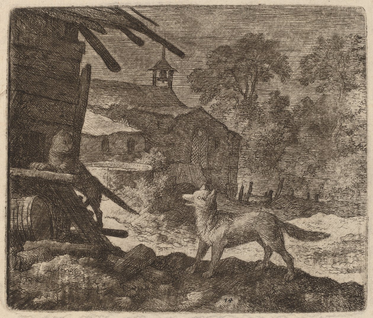 De kat betreedt de schuur terwijl Reynaert toekijkt, waarschijnlijk c. 1645-1656 door Allart van Everdingen