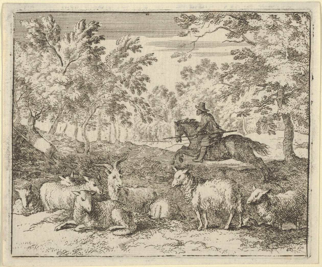 De herder te paard jaagt op het hert door Allart van Everdingen