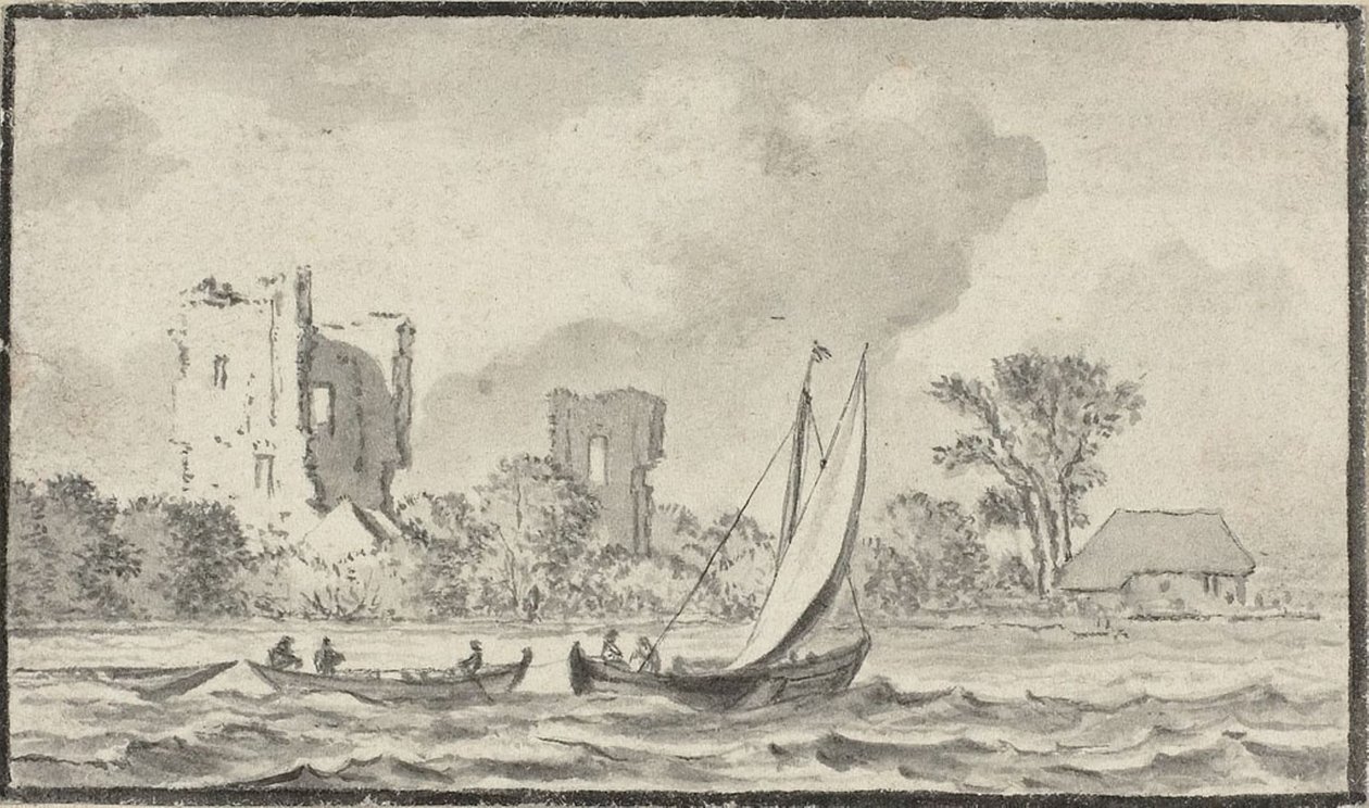 Drie boten op een rivier met ruïnes langs de oever door Allart van Everdingen