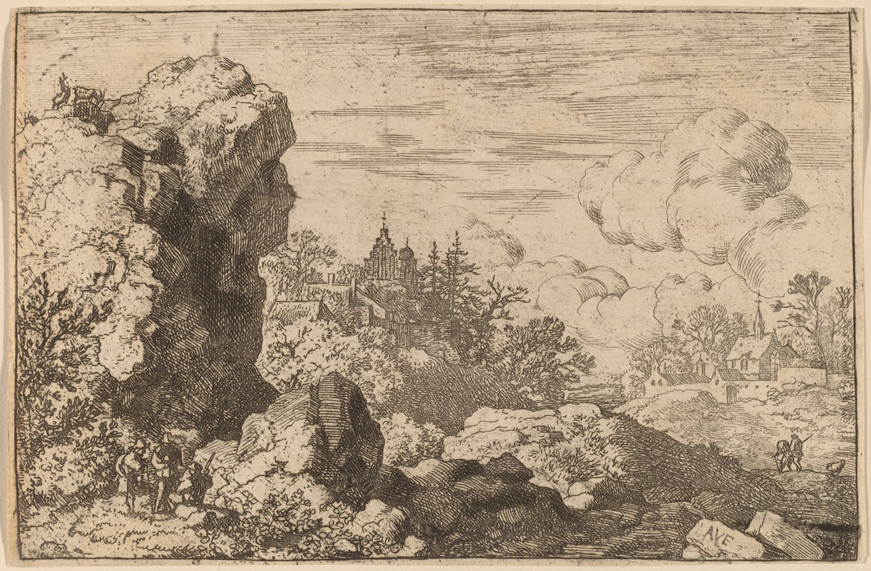 Drie reizigers aan de voet van een hoge rots, waarschijnlijk ca. 1645-1656 door Allart van Everdingen