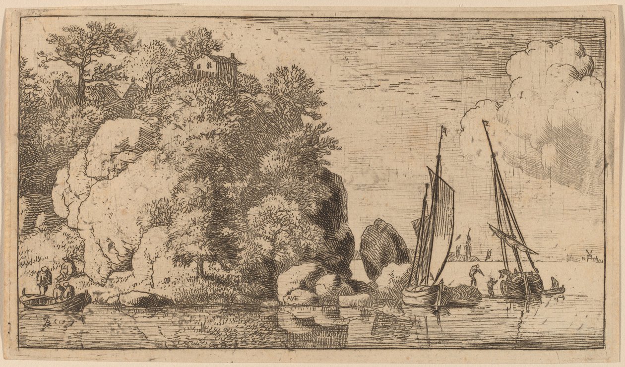 Twee boten op een brede rivier, waarschijnlijk c. 1645-1656 door Allart van Everdingen