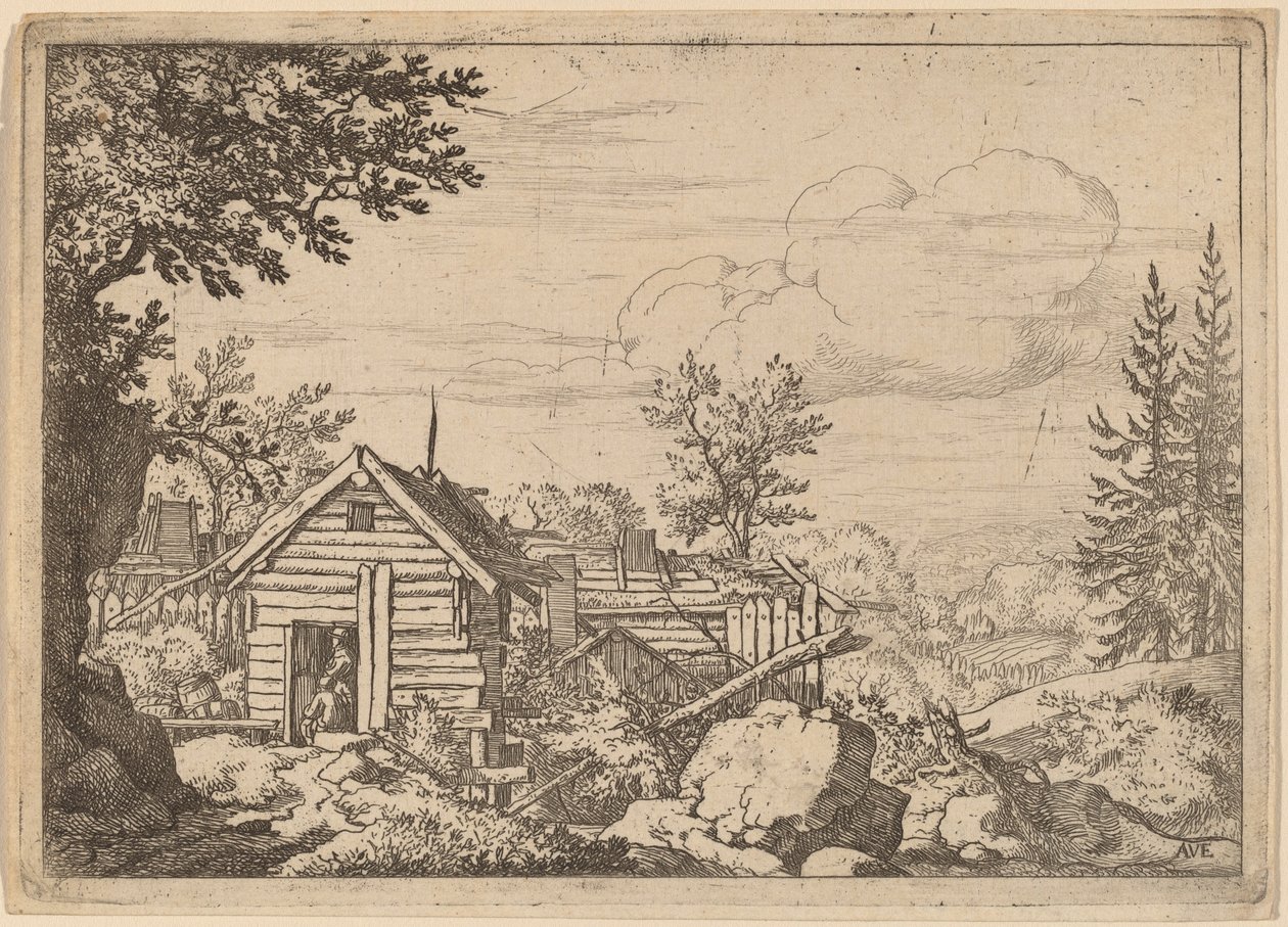 Twee mannen in de deuropening van een hut, waarschijnlijk ca. 1645-1656 door Allart van Everdingen
