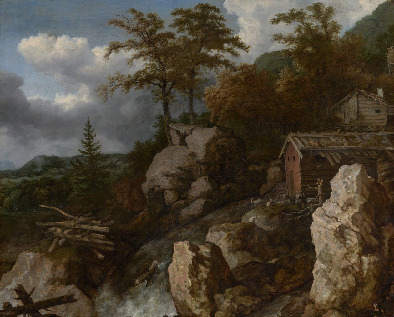 Waterval met blokhutten door Allart van Everdingen