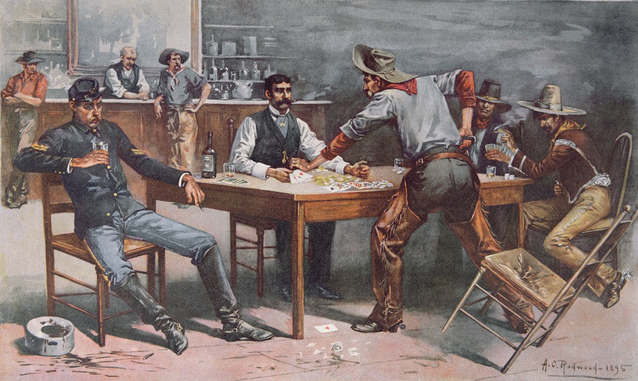 Ruzie over kaarten in een Western saloon door Allen Carter (after) Redwood
