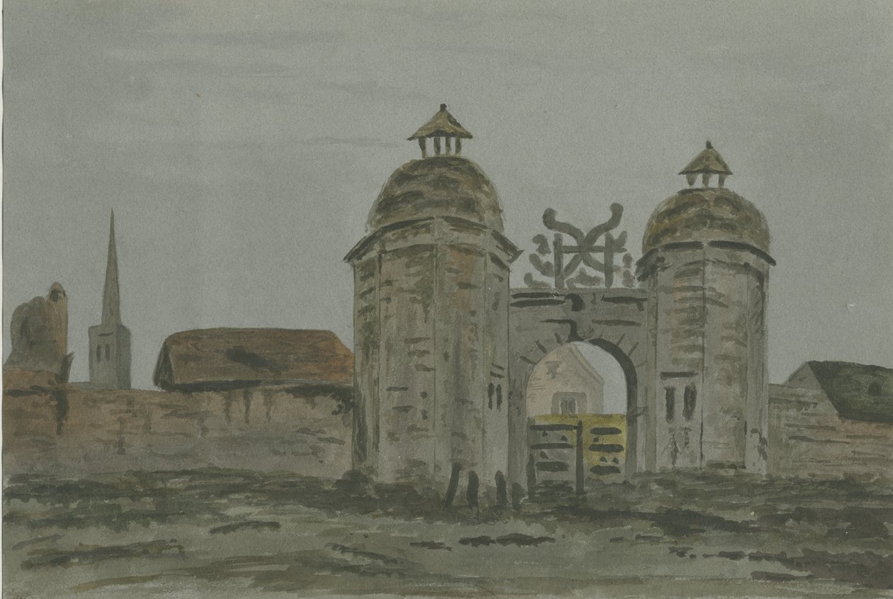 Hamstall Ridware Hall - Portiersloges: aquarel, nd [1824-1882] door Allen Edward Everitt