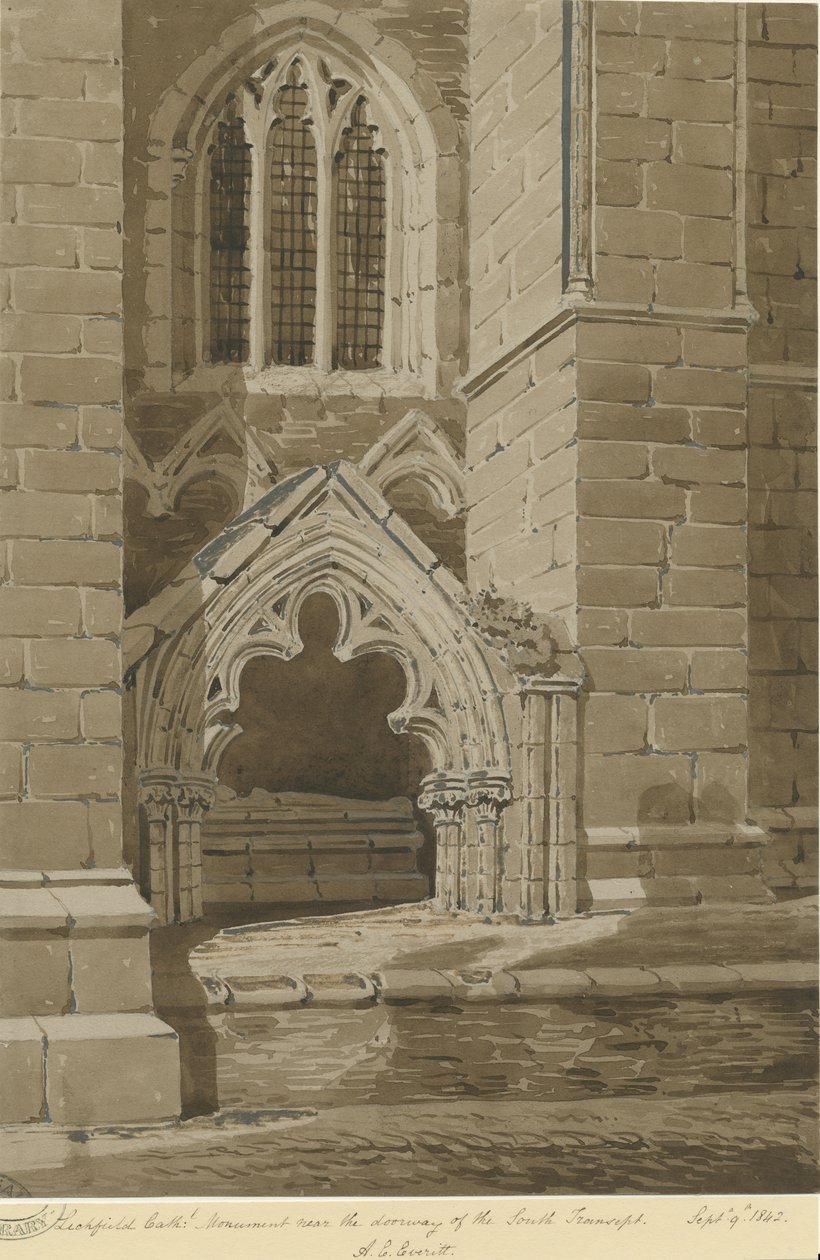 Lichfield Kathedraal - Zuid Transept: rode sepia tekening, 9 sep 1842 door Allen Edward Everitt