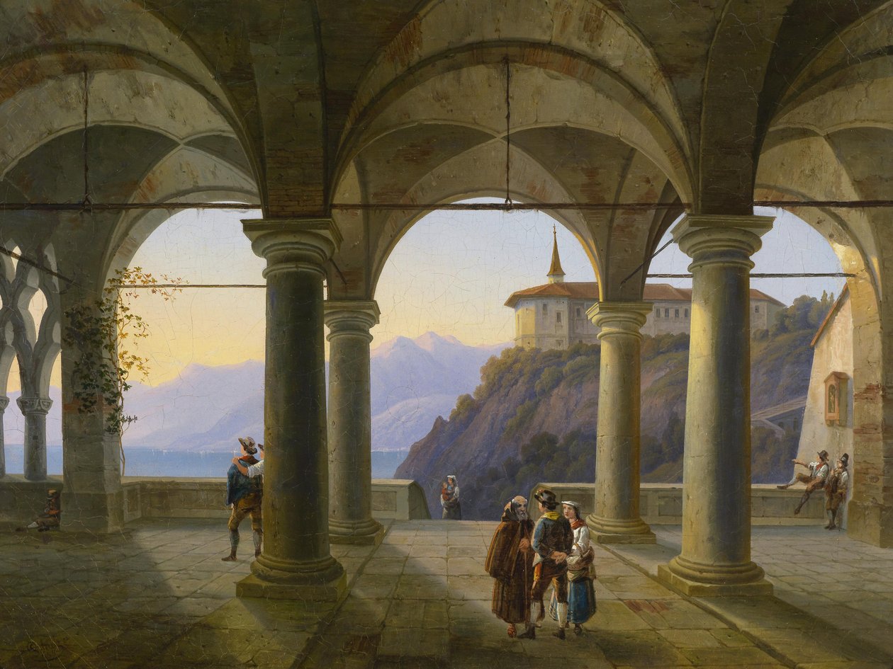 Zuilenterras met figuren en uitzicht op een bergmeer door Alois Gustav Schulz