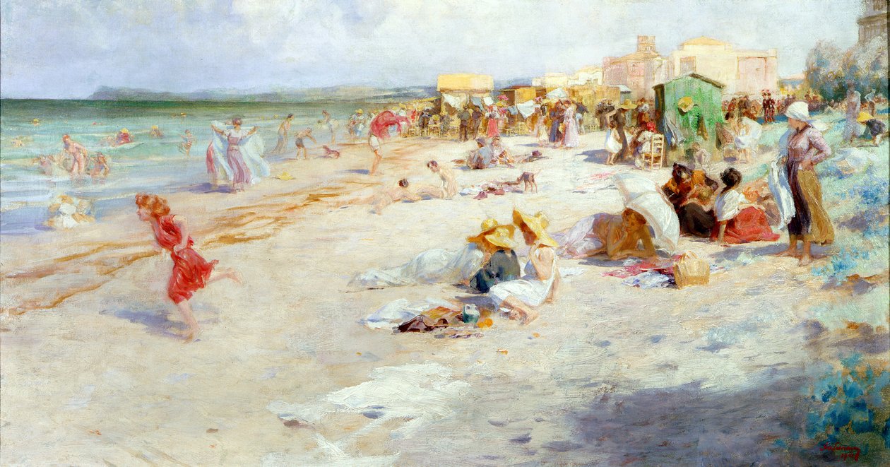 Een druk strand in de zomer door Alois Hans Schram