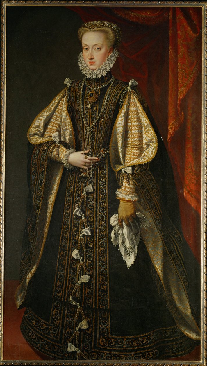 Aartshertogin Anna van Oostenrijk, koningin van Spanje Op 21-jarige leeftijd werd ze de vierde vrouw van haar oom, koning Filips II ... (schilderij op doek) door Alonso Sánchez Coello