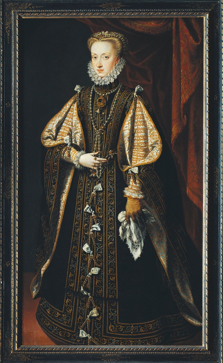 Portret van Anna van Oostenrijk, koningin-gemalin van Spanje en Portugal door Alonso Sánchez Coello