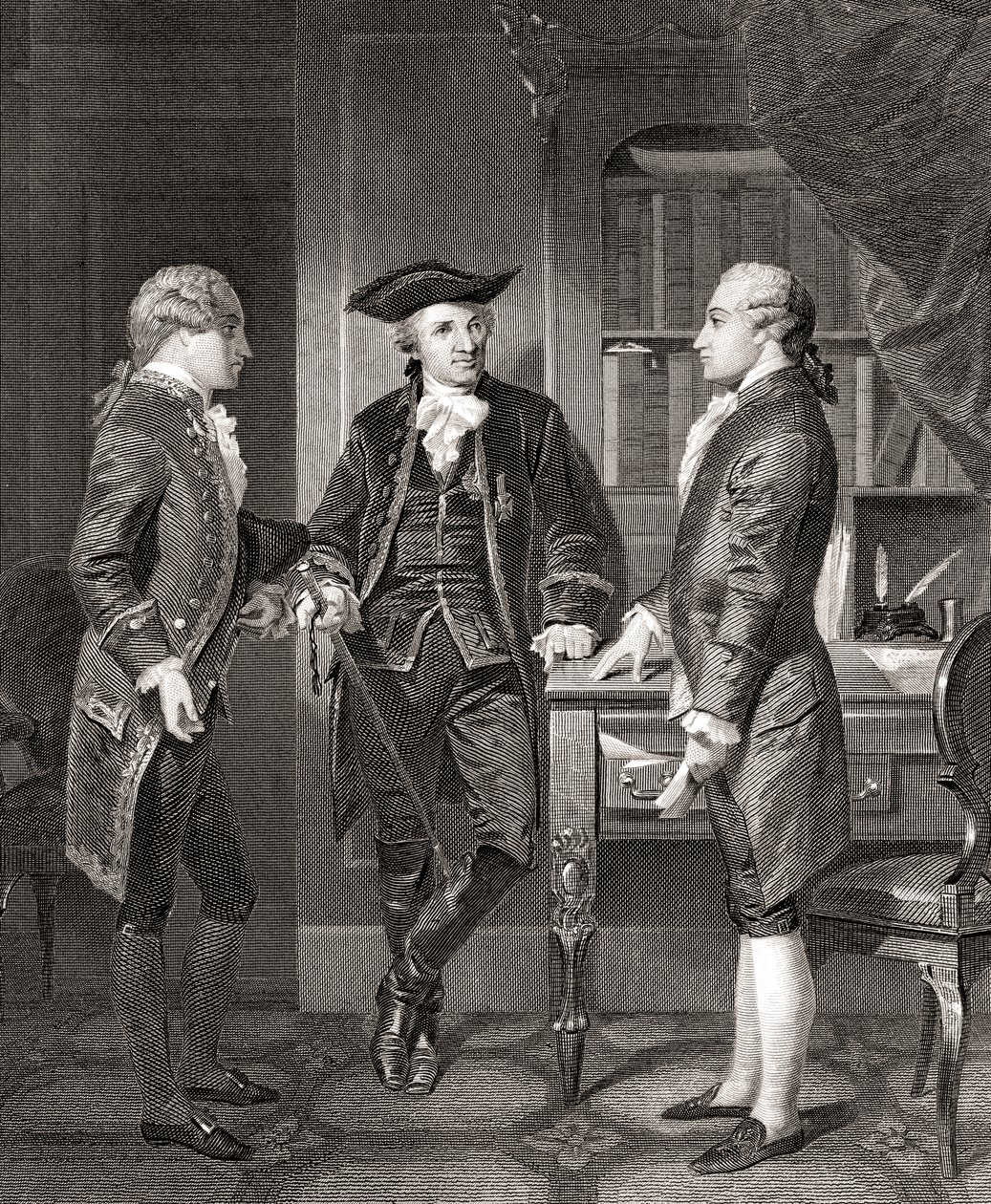 Johann Henry Jules Alexandre von Robaii, Baron de Kalb introduceert Lafayette aan Silas Deane, uit Leven en Tijden van Washington, Deel 1, uitgegeven in 1857 door Alonzo (after) Chappel