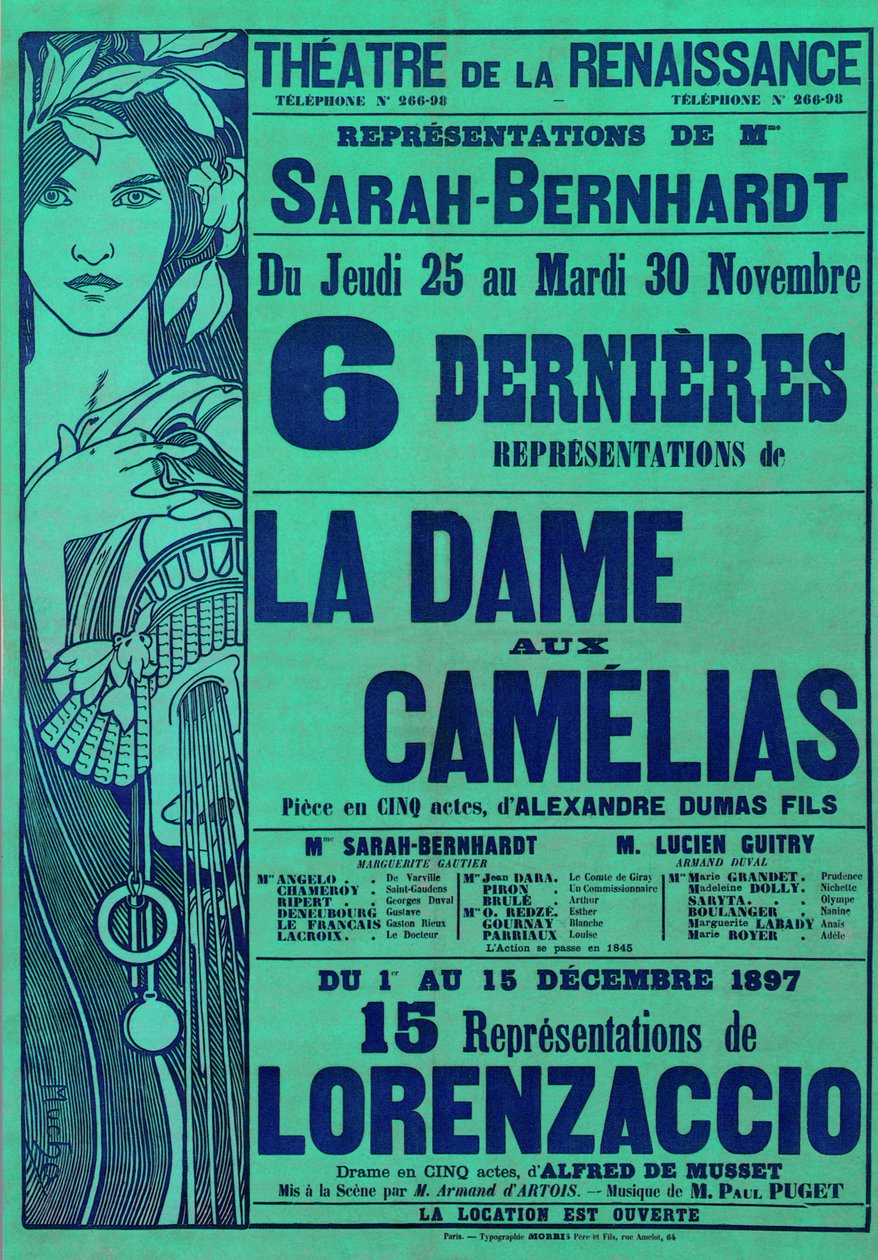 Poster voor La Dame aux Camélias door Alexandre Dumas, en Lorenzaccio door Alfred de Musset, met Sarah Bernhardt, Théâtre du Renaissance, Parijs, 1897 door Alphonse Mucha