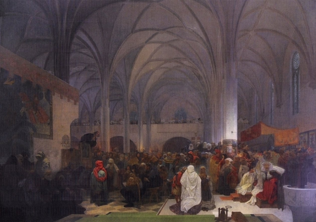 Preken van Meester Jan Hus in de Bethlehemkapel: De waarheid overwint door Alphonse Mucha