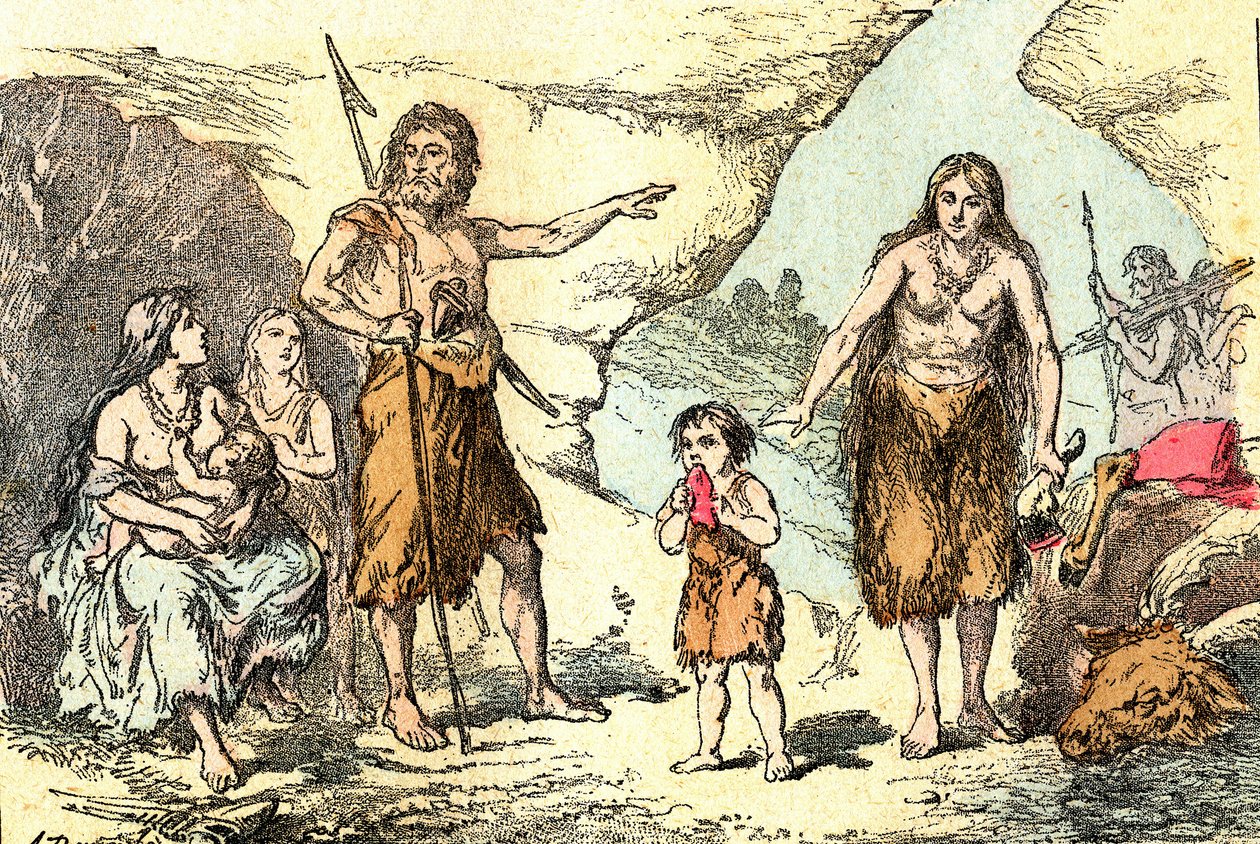 Een familie in het tijdperk van de rendieren (Prehistorie): Natuurlijke creatie en levende wezens. Tekening A. Demarle. 1885 door Alphonse Demarle