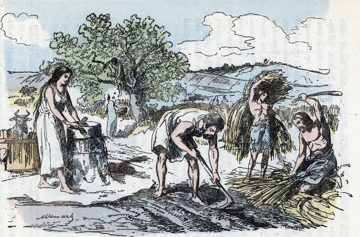 Dagelijks leven in de Prehistorie: scène van landbouwarbeid in de ijzertijd Gravure uit 