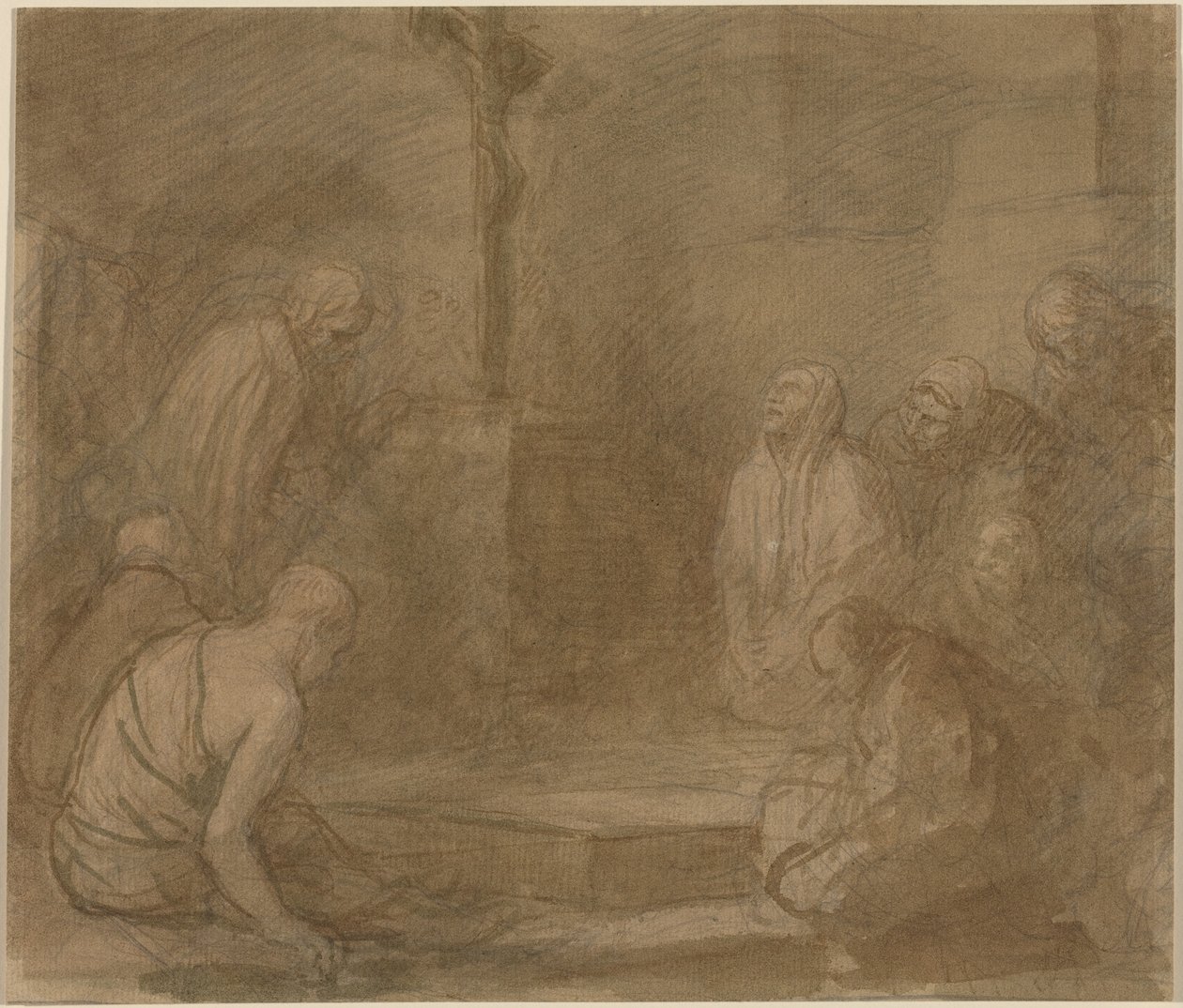 Aan de voet van het kruis (pen en bruine inkt met bruin gewassen over grafiet op geschept papier) door Alphonse Legros