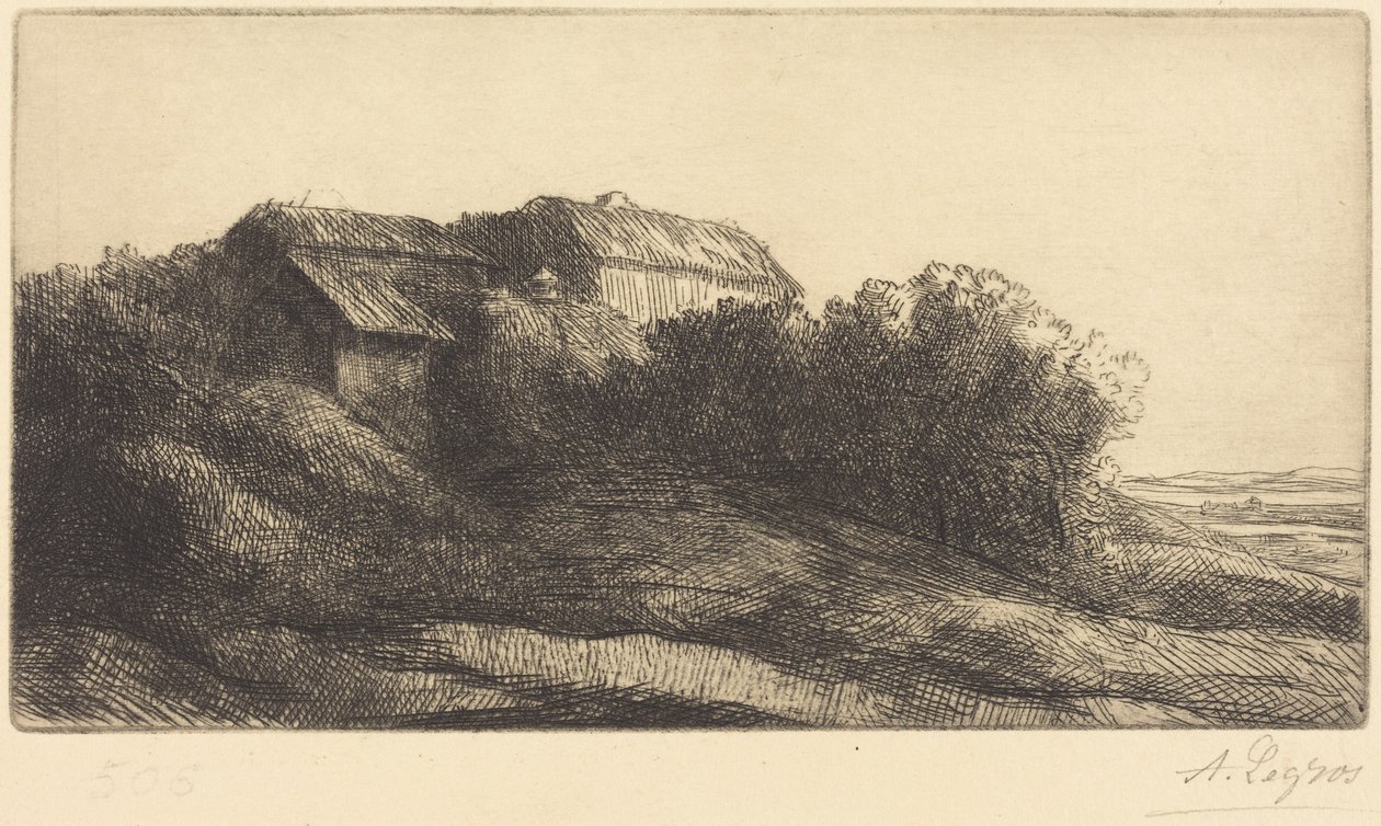 Cottage on a Hillside (Rietgedekte huisje op de heuvel) door Alphonse Legros