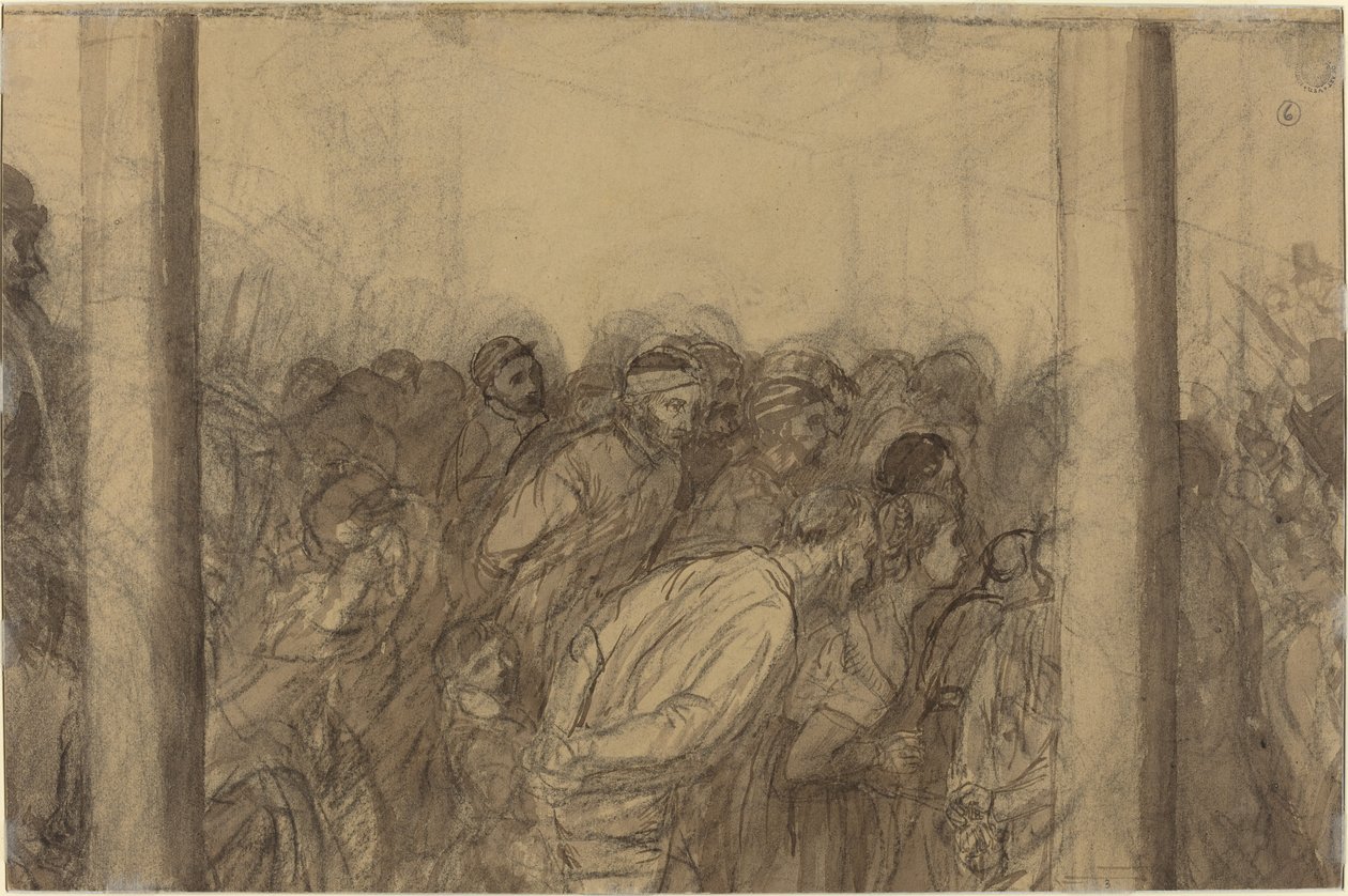 Mensenmassa gezien tussen twee zuilen (verso) door Alphonse Legros