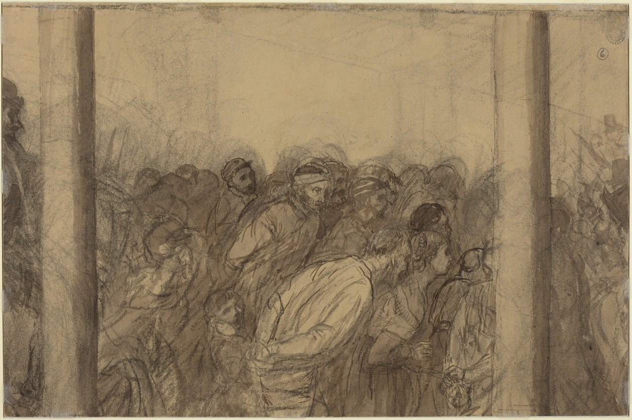 Menigte mensen gezien tussen twee zuilen [verso] door Alphonse Legros