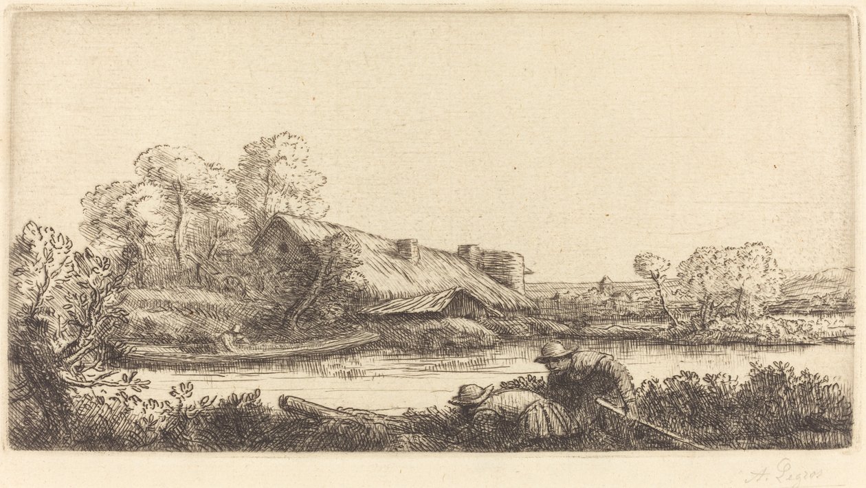 Boerderij langs de rivier gezien bij avondlicht door Alphonse Legros
