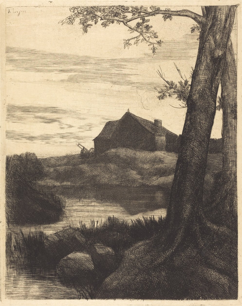 Boerderij met grote boom (La ferme au grand arbre) door Alphonse Legros
