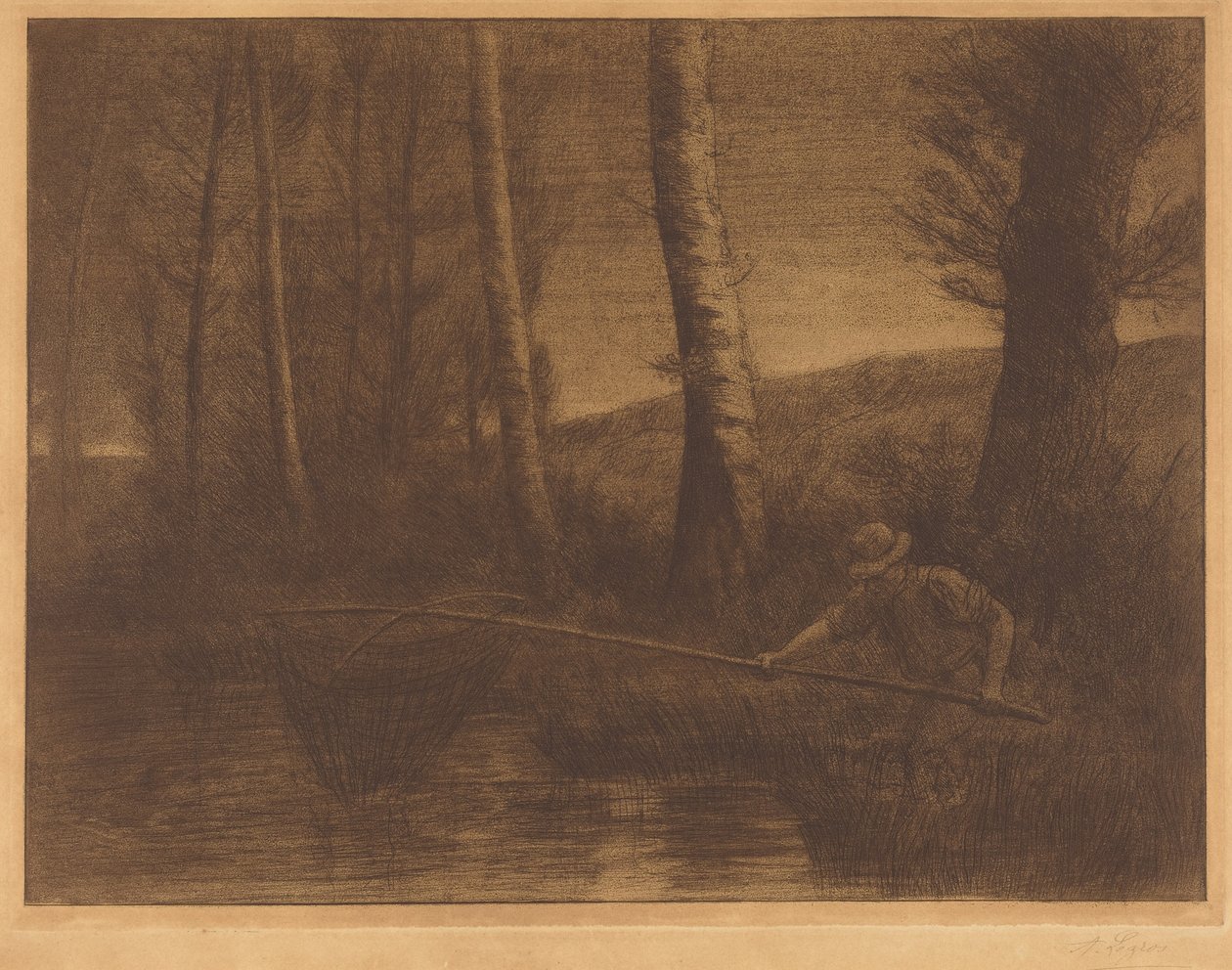 Visser met een hoepelnet door Alphonse Legros