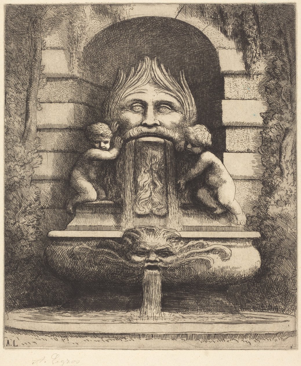 Fontein: Grotesk, kinderen en bassin (Een fontein: masker, kinderen en bassin) door Alphonse Legros