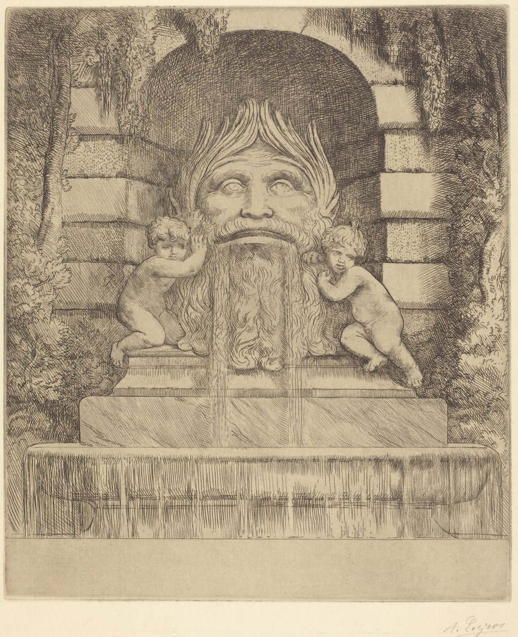Fontein: Grotesk, kinderen en bassin (Een fontein: masker, kinderen en bassin) door Alphonse Legros