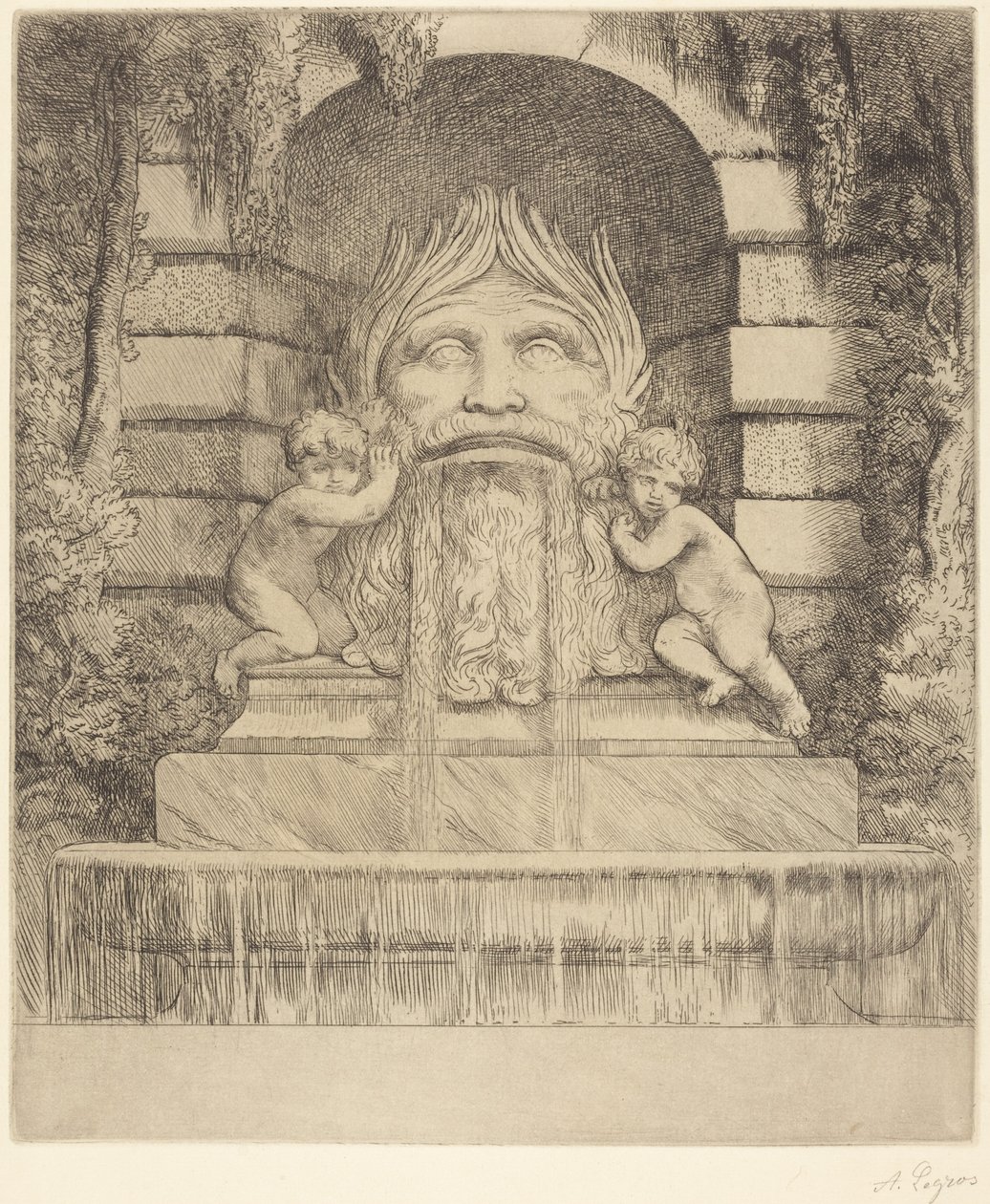 Fontein: grotesk masker, kinderen en bekken door Alphonse Legros