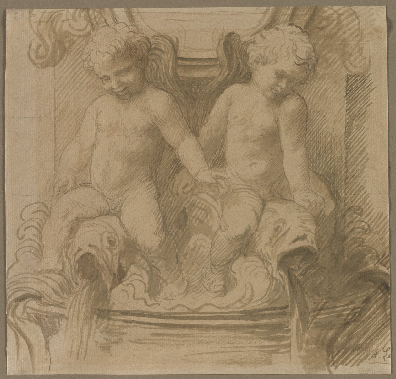Fontein met putti die op dolfijnen rijden door Alphonse Legros