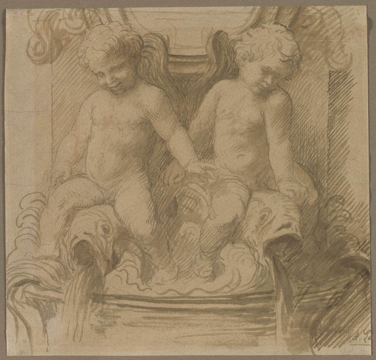 Fontein met putti die op dolfijnen rijden, tweede helft 1800s door Alphonse Legros