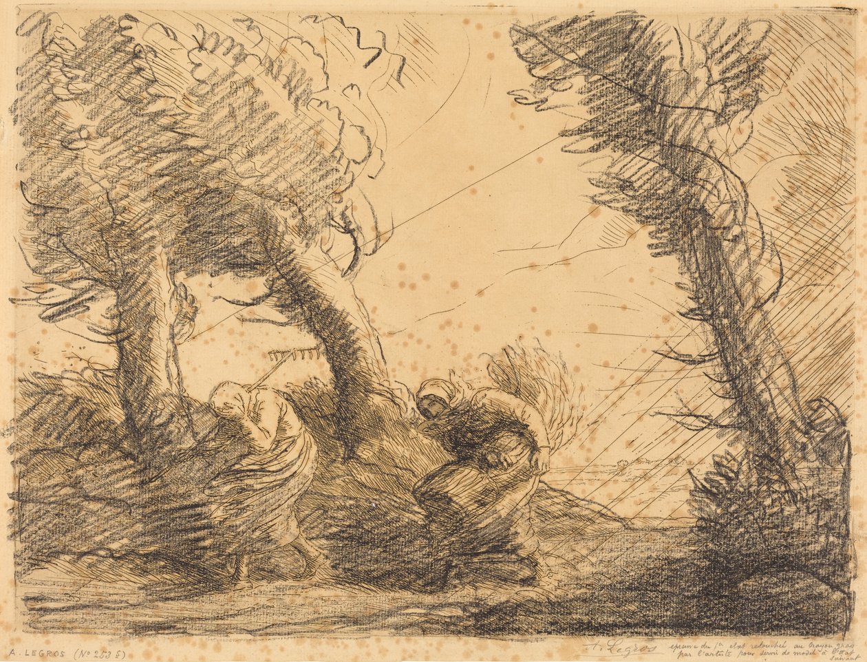 Maaisters verrast door het onweer door Alphonse Legros