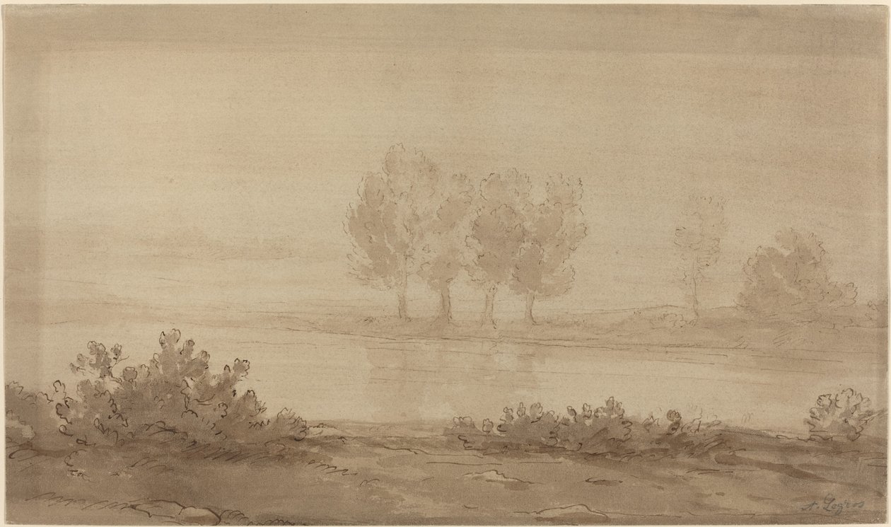 Landschap - Vier bomen voorbij een rivier door Alphonse Legros