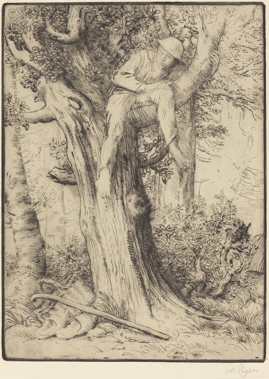 Landschap met een jongen in een boom (detail) door Alphonse Legros