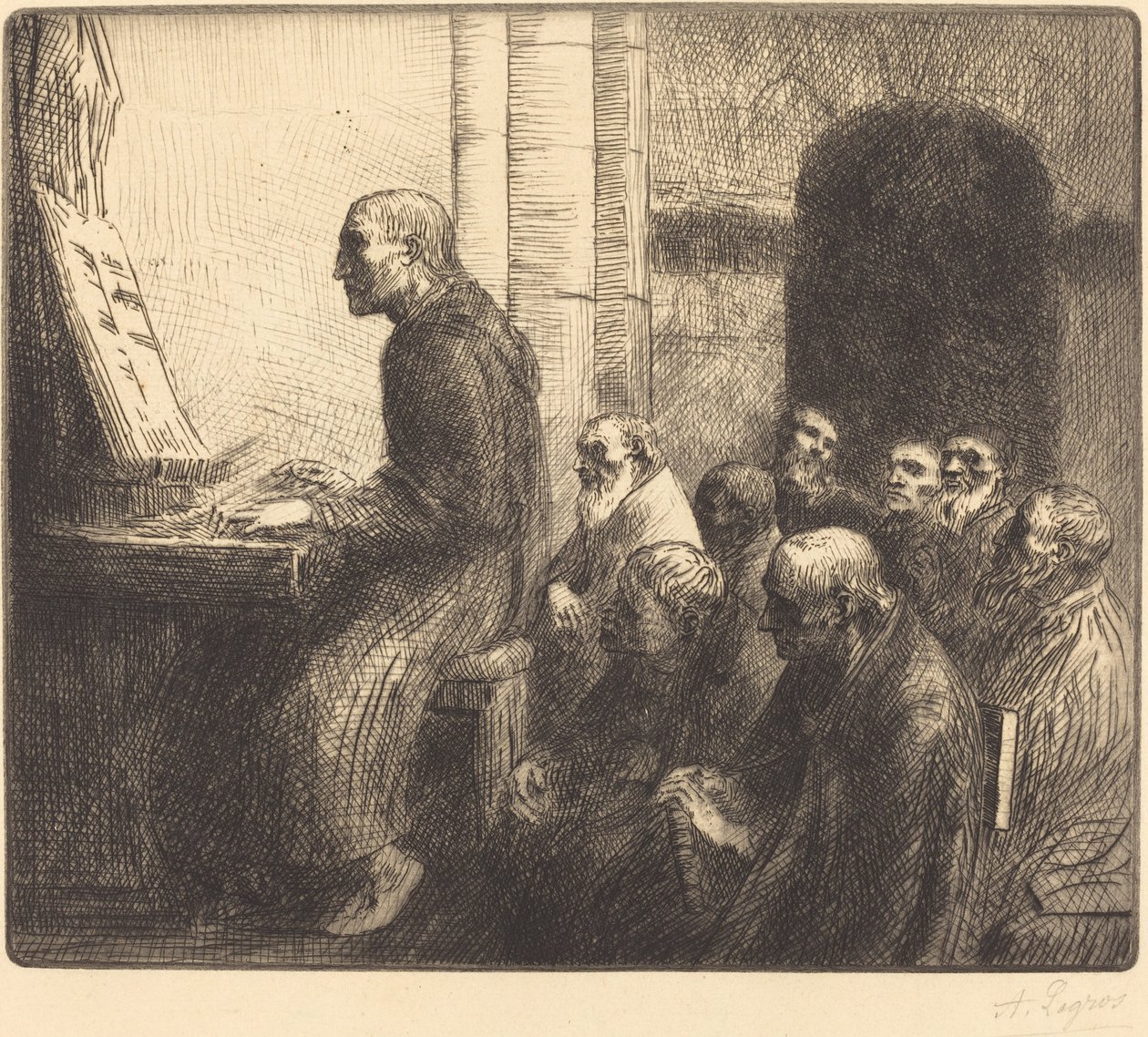 Monnik die het orgel bespeelt in de kerk door Alphonse Legros