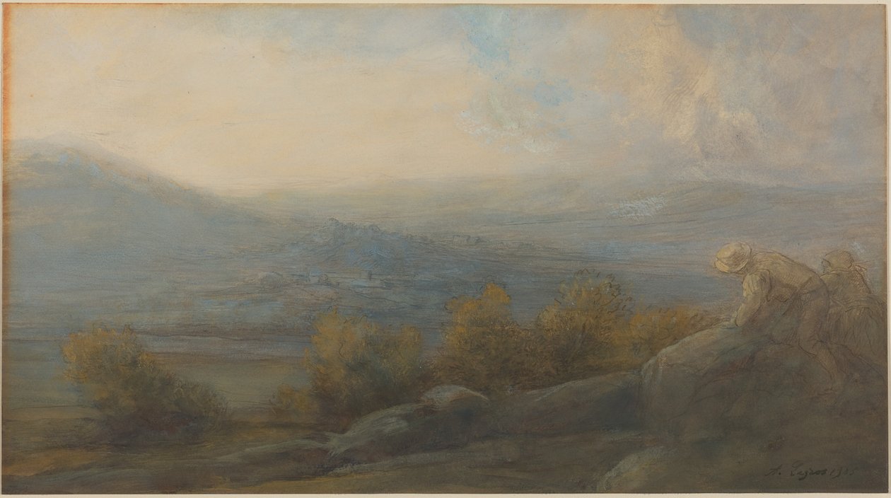 Berglandschap met twee figuren aan de rechterkant door Alphonse Legros