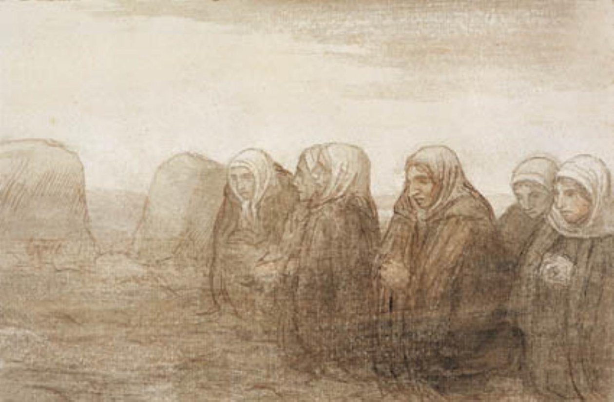 Zes boerinnen in gebed op een herfstveld door Alphonse Legros