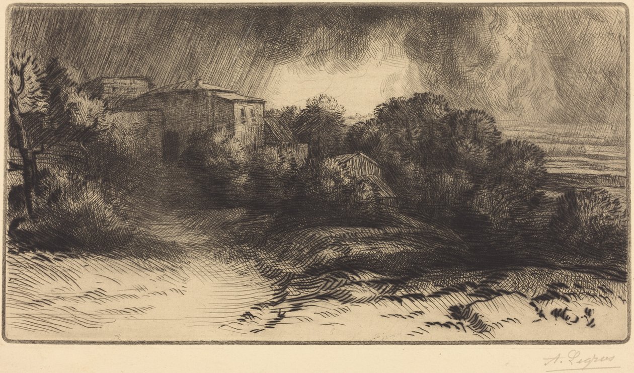 Uitzicht op een boerderij tijdens een storm (De boerderij van Brieux (Stormeffect)) door Alphonse Legros