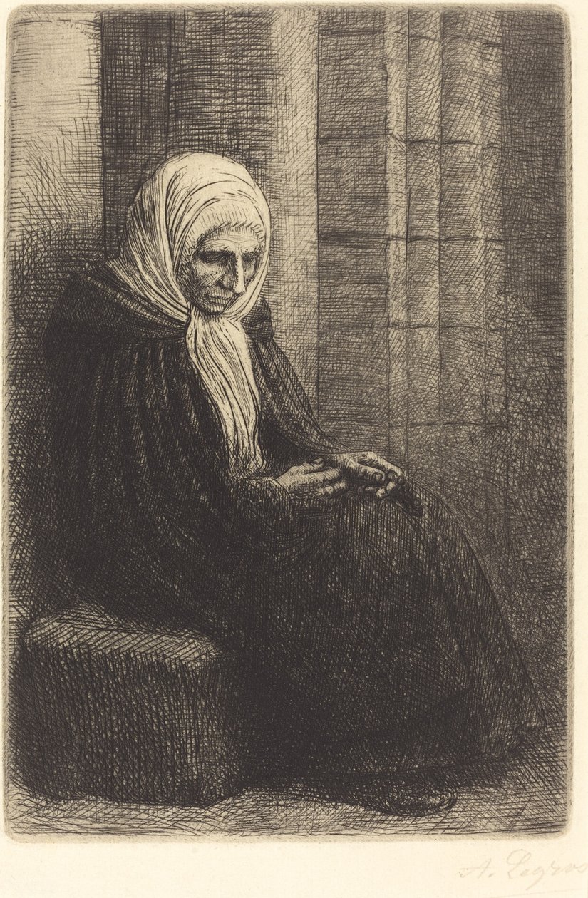 Vrouw zittend tegen een muur, kind met zijn hoofd in haar schoot door Alphonse Legros
