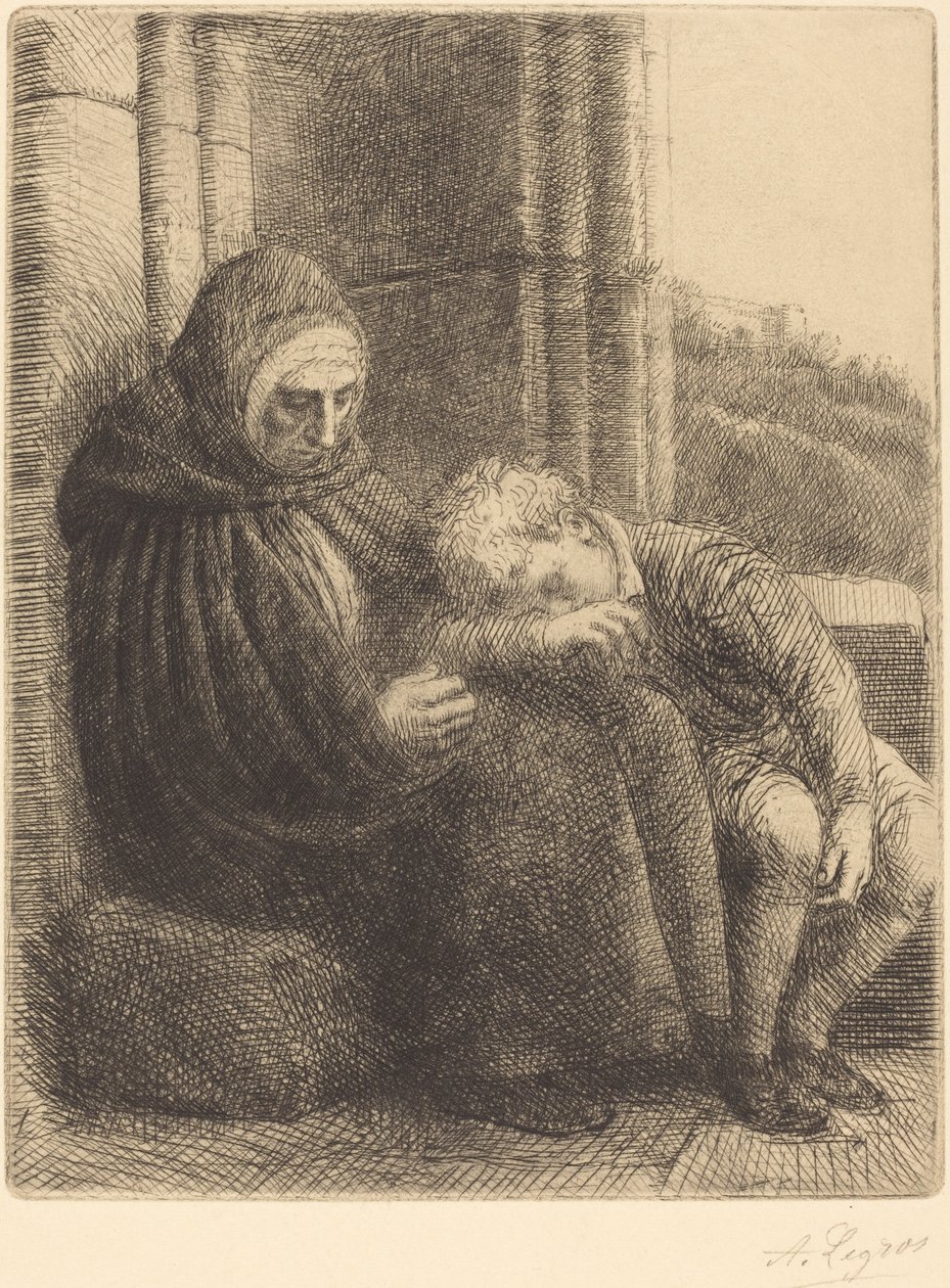 Zittende vrouw tegen een muur, kind met zijn hoofd in haar schoot Femme assise, muraille... door Alphonse Legros