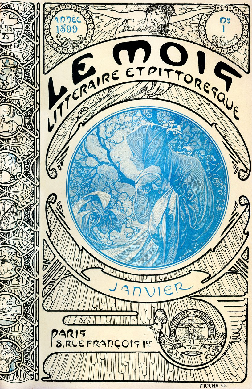Omslag van het tijdschrift (maandblad) De Literaire en Pittoreske Maand door Alphonse Mucha (1860-1939): januari 1899 - Maison de la Bonne Presse - door Alphonse Mucha