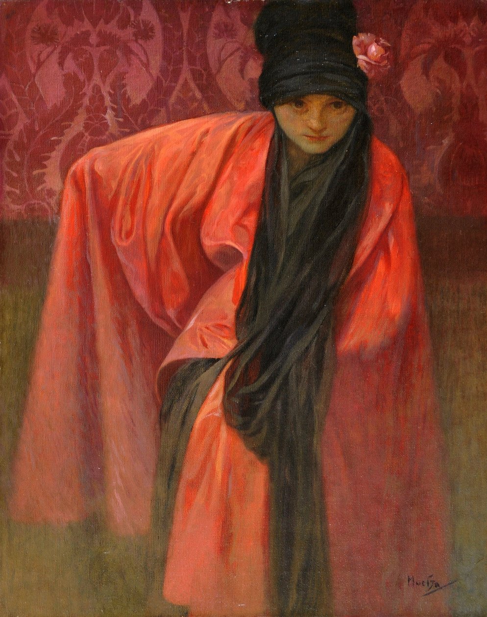 Meisje in rood door Alphonse Mucha