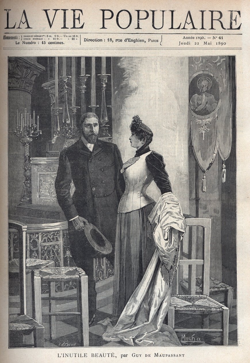 In een kerk staat een mooi en elegant paar op tussen kaarsen en bidt tot God. Illustratie door Alfons Maria Mucha (Alphonse Marie Mucha) door Alphonse Mucha