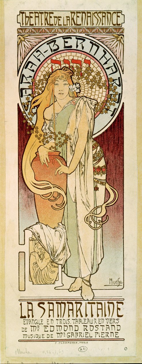La Samaritaine met actrice Sarah Bernhardt, toneelstuk van Edmond Rostand (poster) door Alphonse Marie Mucha