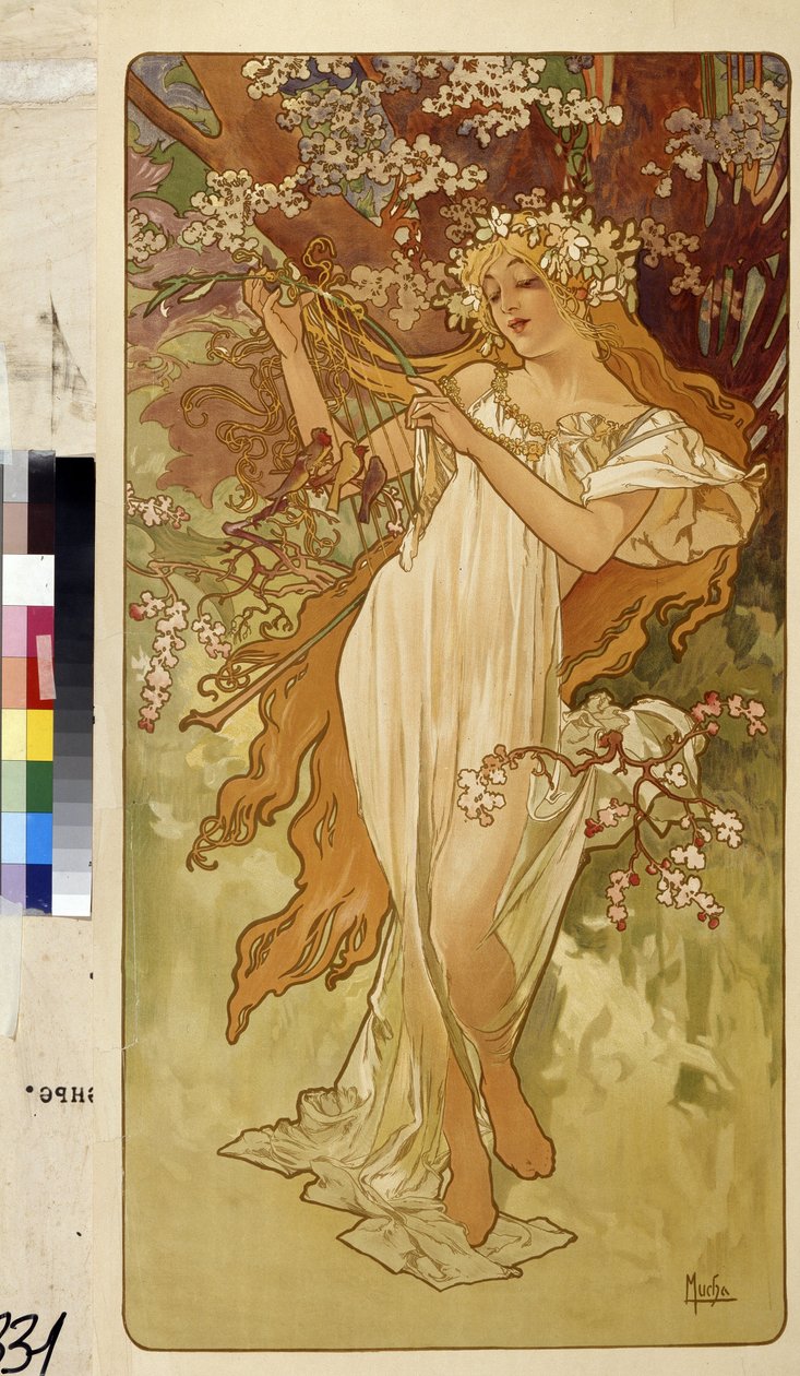De lente (Serie allegorie over de vier seizoenen) door Alphonse Marie Mucha