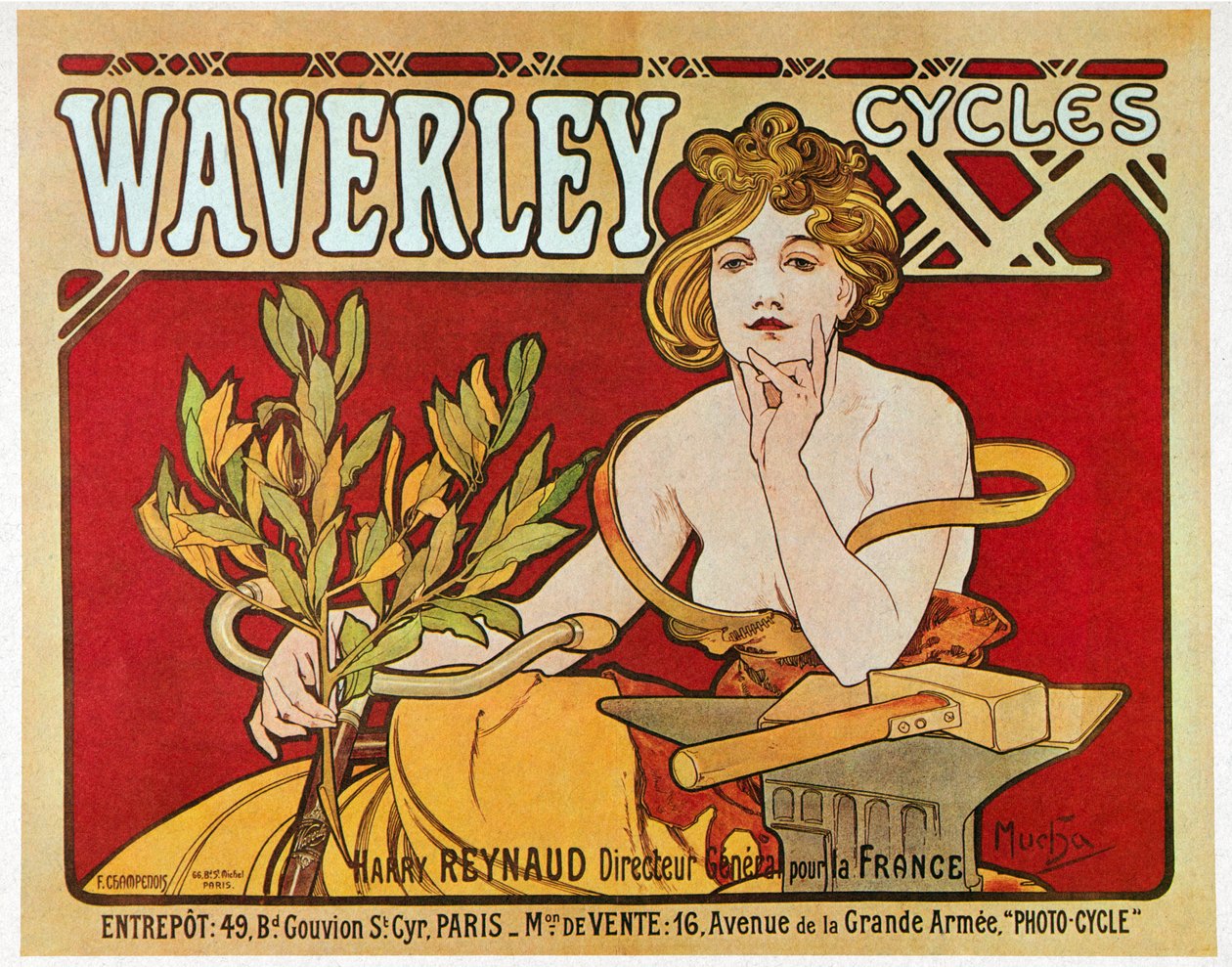 Poster die Waverley-fietsen adverteert door Alphonse Mucha